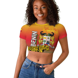 Personalized Benin National Day Raglan Cropped T shirt Leopard With Coat Of Arms - African Pride