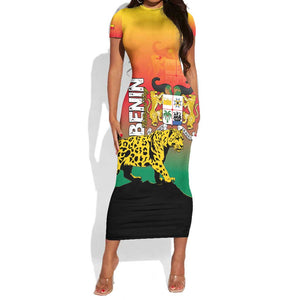 Personalized Benin National Day Short Sleeve Bodycon Dress Leopard With Coat Of Arms - African Pride