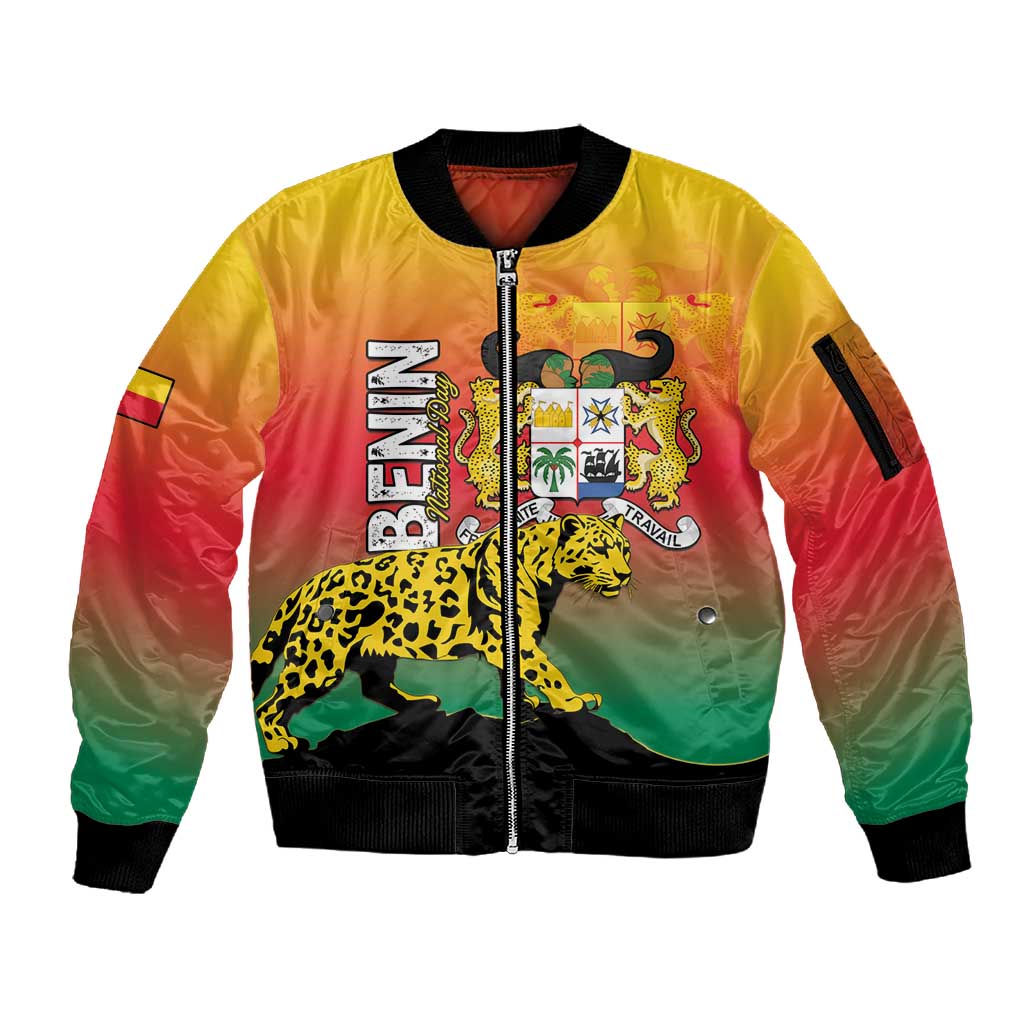 Personalized Benin National Day Sleeve Zip Bomber Jacket Leopard With Coat Of Arms - African Pride