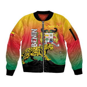 Personalized Benin National Day Sleeve Zip Bomber Jacket Leopard With Coat Of Arms - African Pride