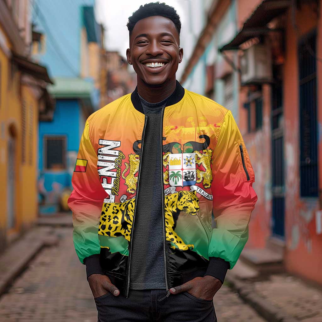 Personalized Benin National Day Sleeve Zip Bomber Jacket Leopard With Coat Of Arms - African Pride
