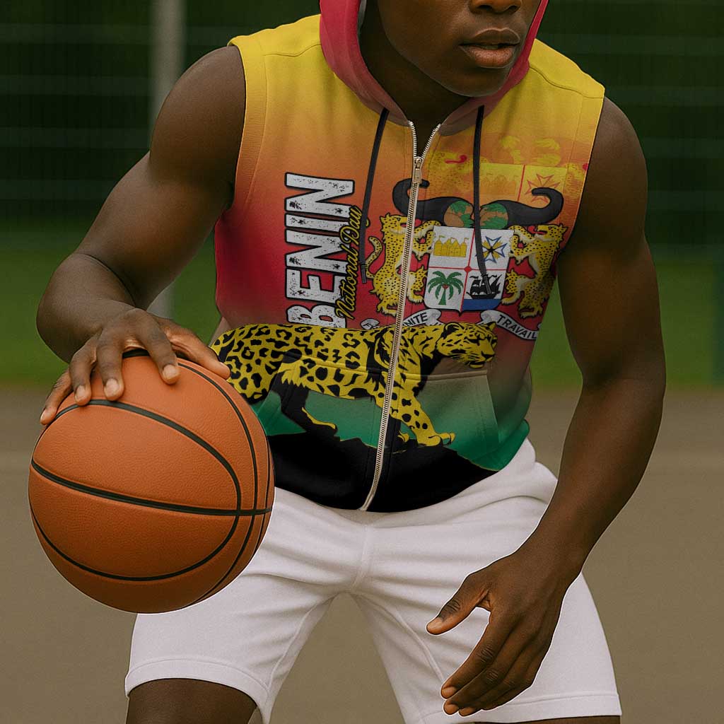 Personalized Benin National Day Sleeveless Zip Hoodie Leopard With Coat Of Arms - African Pride
