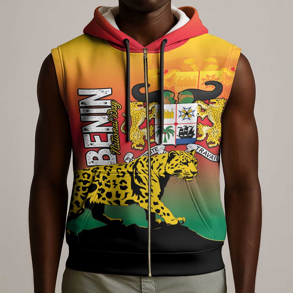 Personalized Benin National Day Sleeveless Zip Hoodie Leopard With Coat Of Arms - African Pride