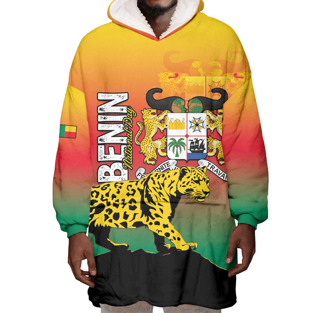 Personalized Benin National Day Wearable Blanket Hoodie Leopard With Coat Of Arms - African Pride