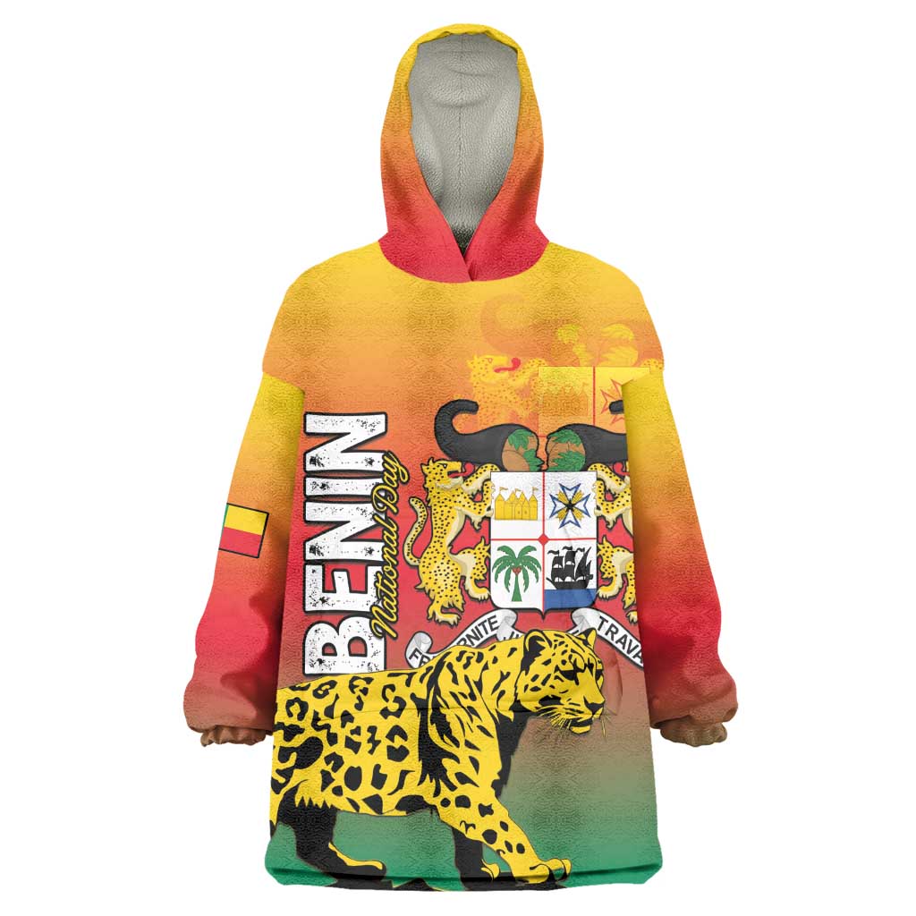 Personalized Benin National Day Wearable Blanket Hoodie Leopard With Coat Of Arms - African Pride