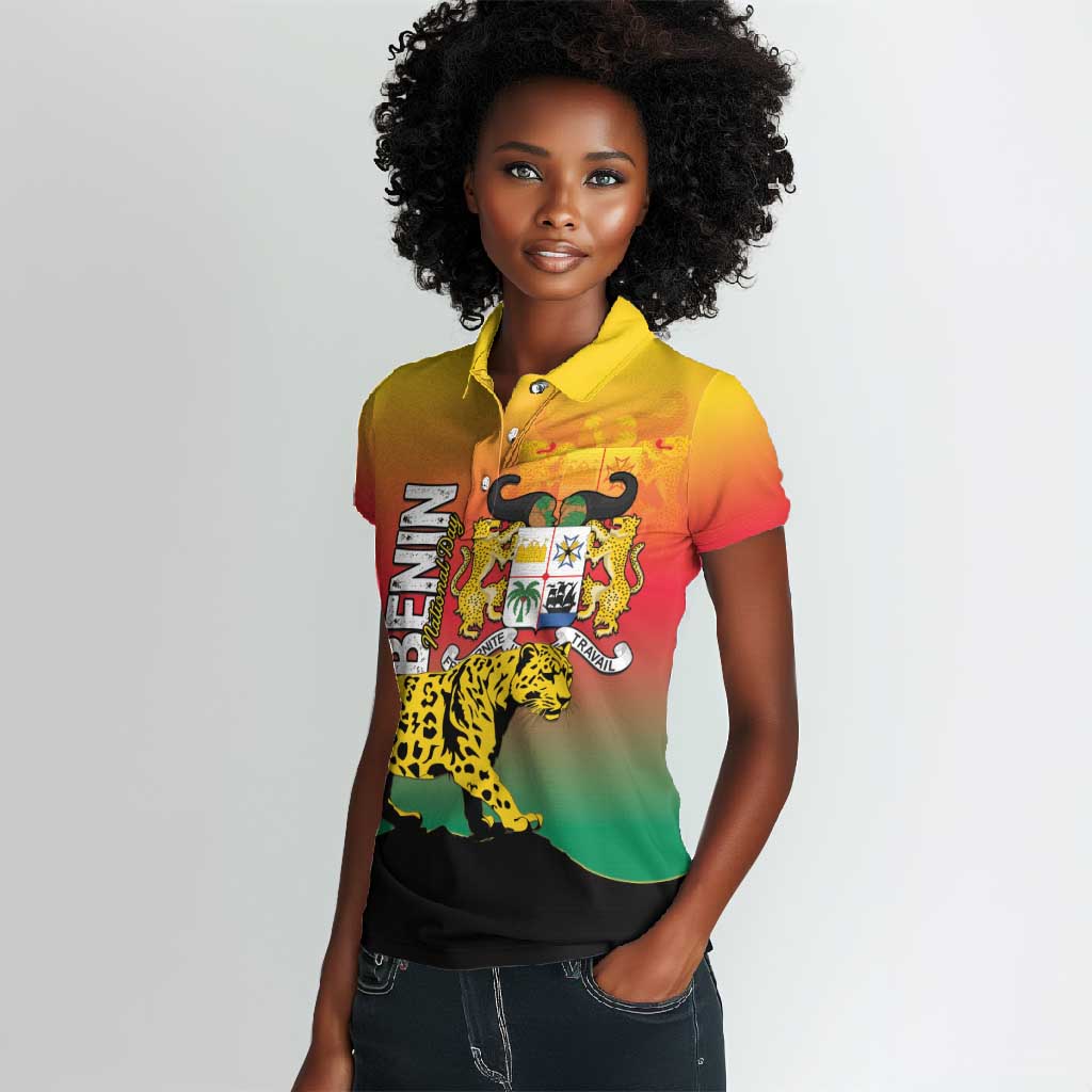 Personalized Benin National Day Women Polo Shirt Leopard With Coat Of Arms - African Pride