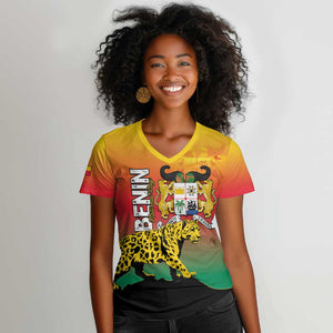 Personalized Benin National Day Women V-Neck T-Shirt Leopard With Coat Of Arms - African Pride
