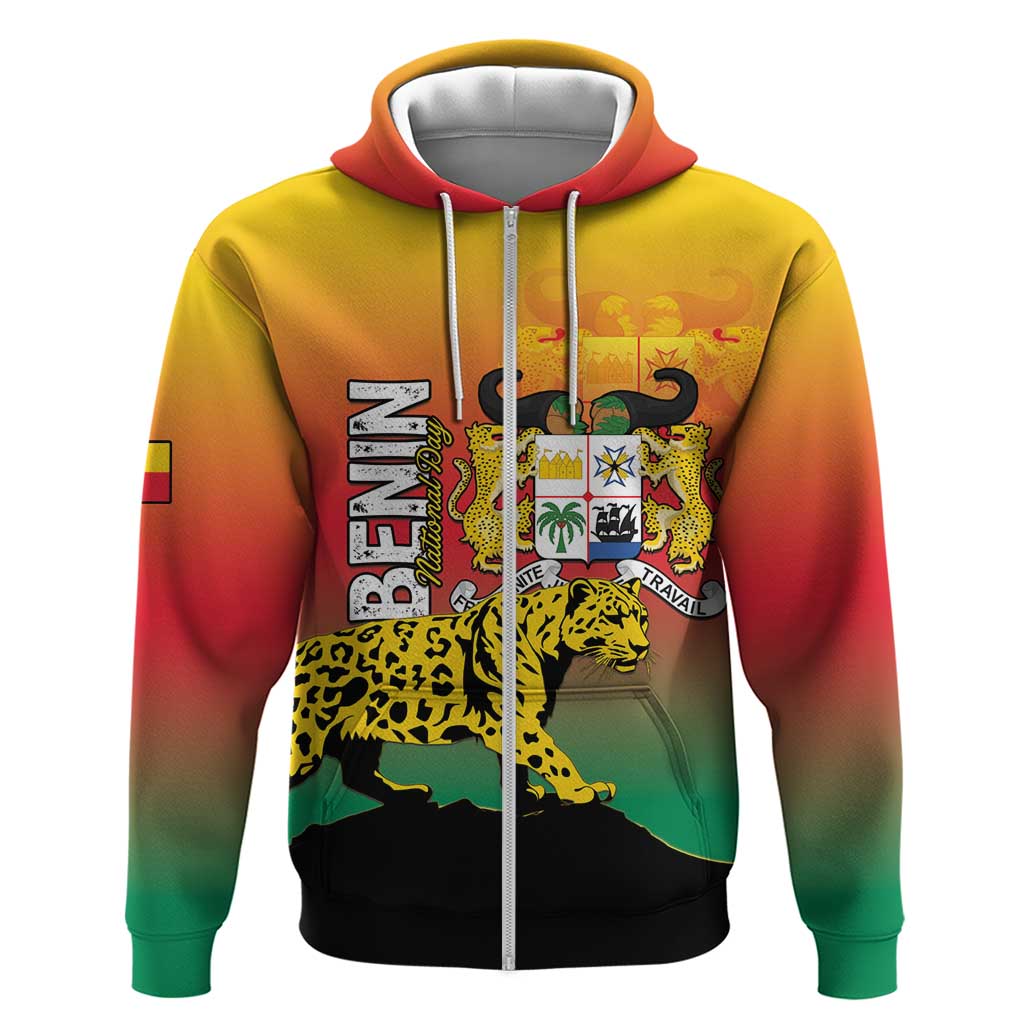 Personalized Benin National Day Zip Hoodie Leopard With Coat Of Arms - African Pride