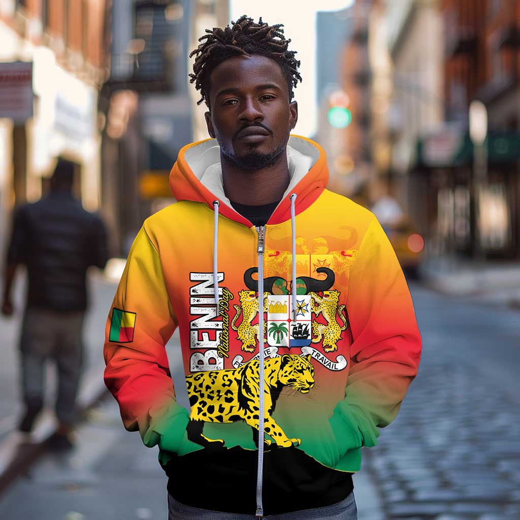 Personalized Benin National Day Zip Hoodie Leopard With Coat Of Arms - African Pride