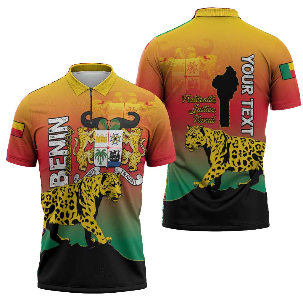 Personalized Benin National Day Zipper Polo Shirt Leopard With Coat Of Arms