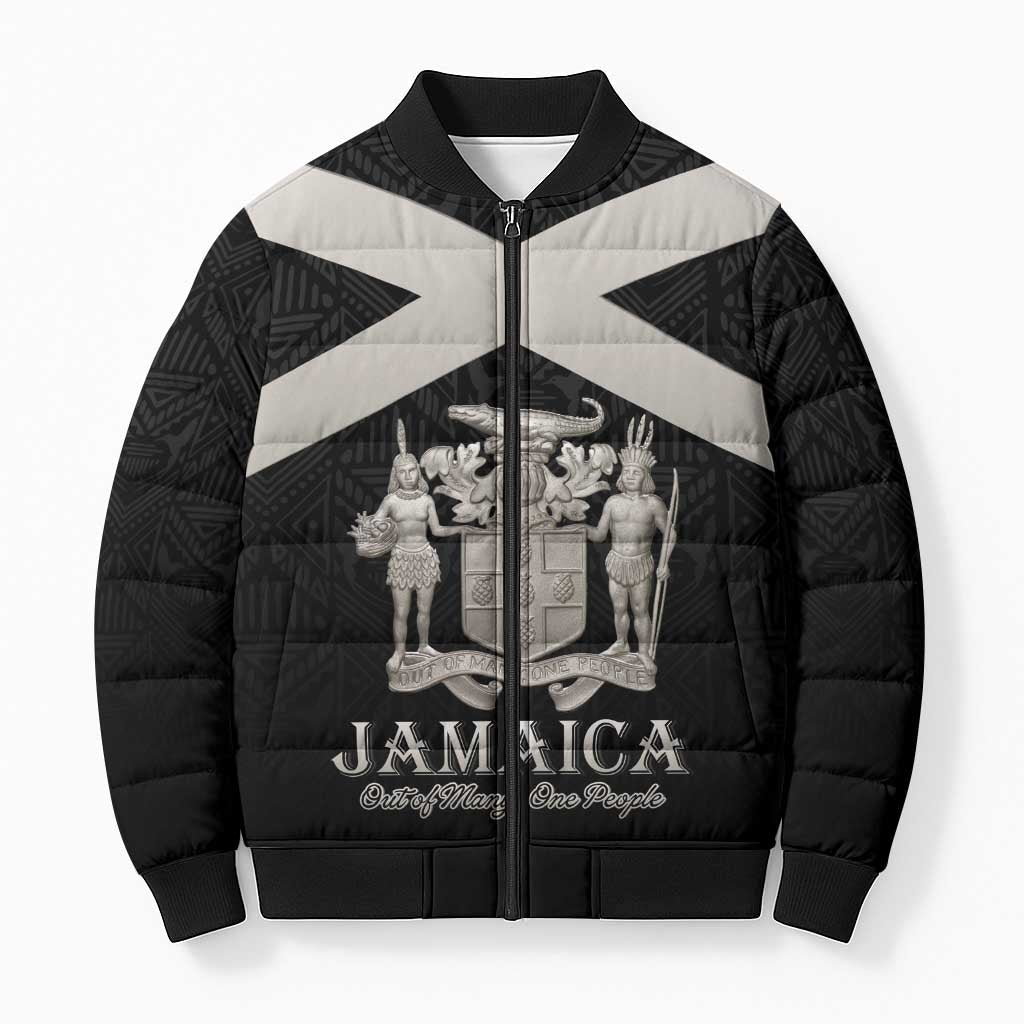 Personalized Jamaica Bomber Puffer Jacket Coat Of Arms With Rastafarian Lion Silver Color