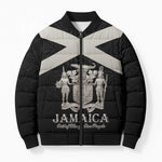 Personalized Jamaica Bomber Puffer Jacket Coat Of Arms With Rastafarian Lion Silver Color