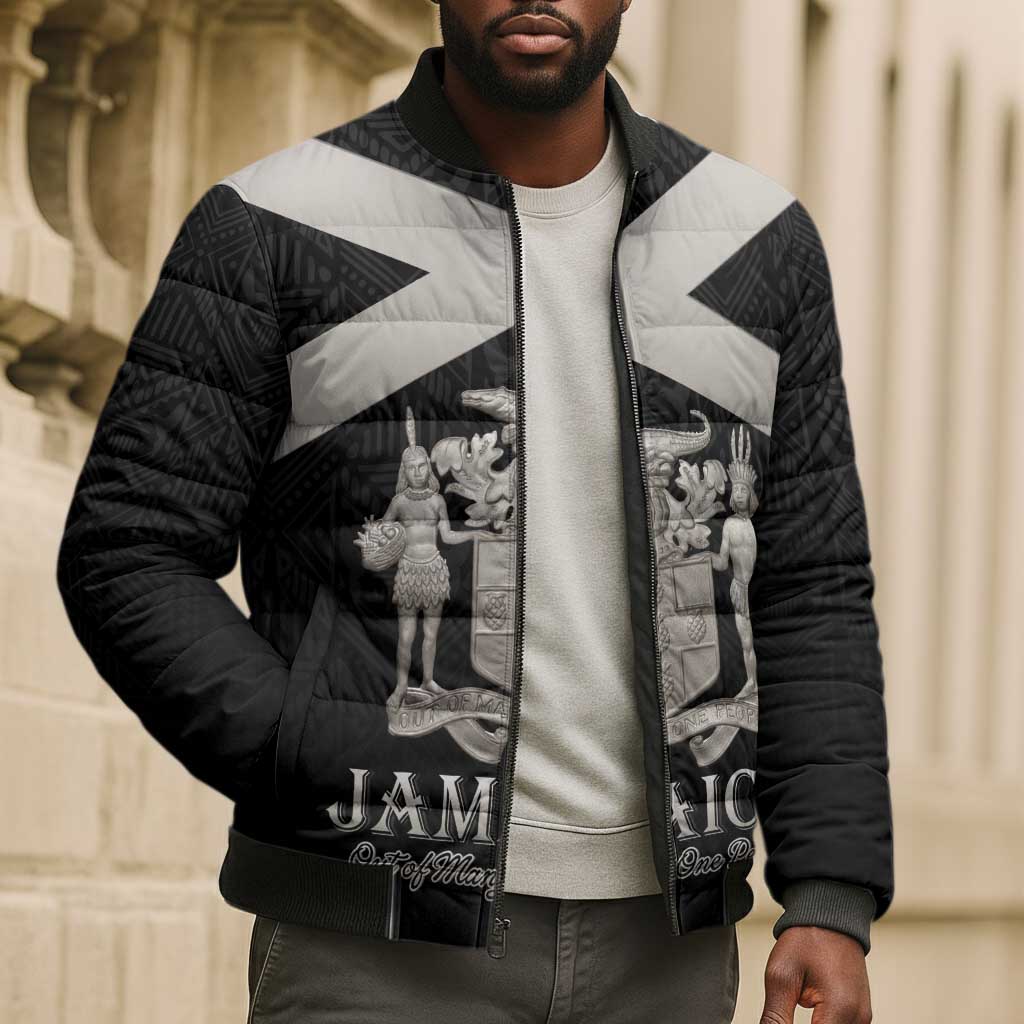 Personalized Jamaica Bomber Puffer Jacket Coat Of Arms With Rastafarian Lion Silver Color