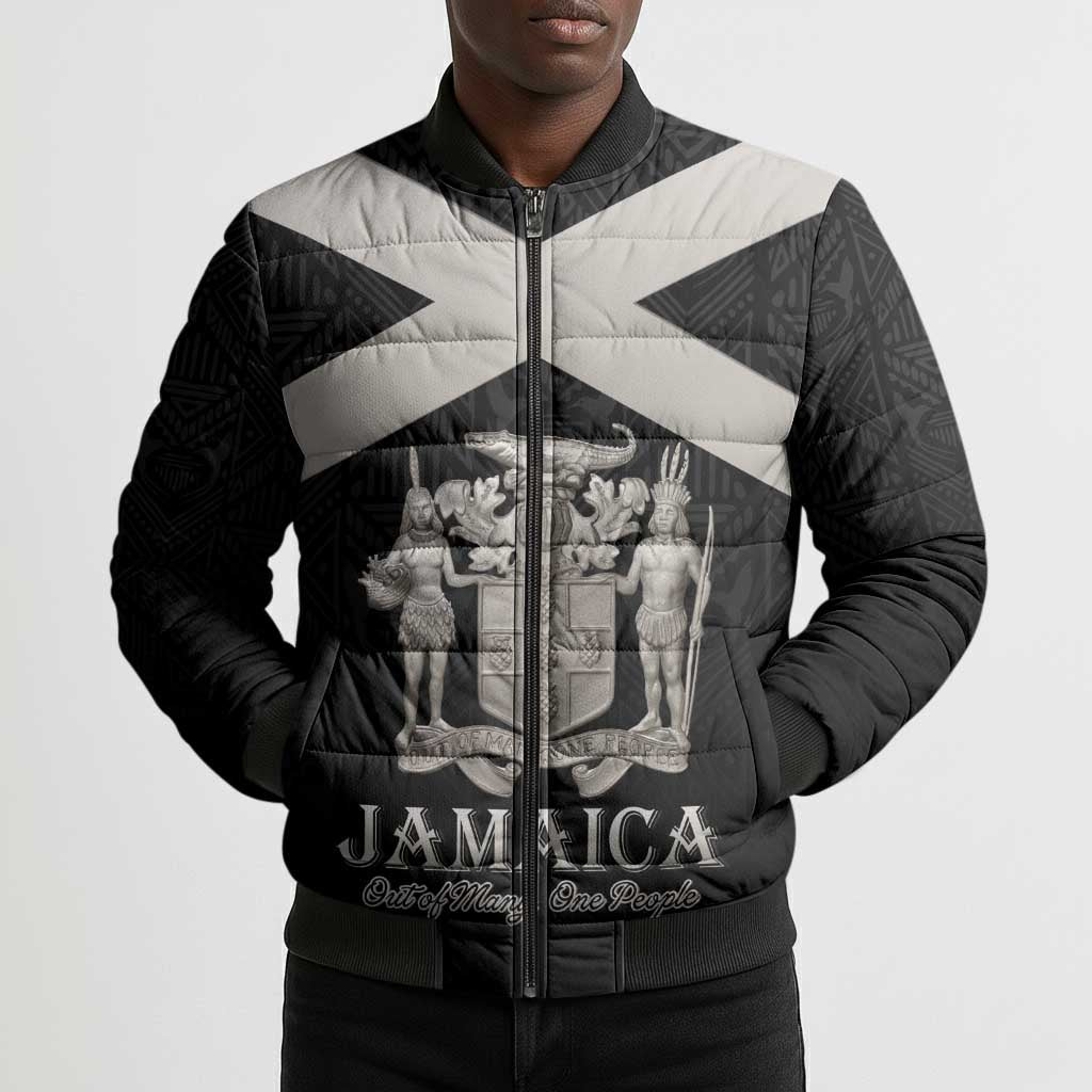 Personalized Jamaica Bomber Puffer Jacket Coat Of Arms With Rastafarian Lion Silver Color