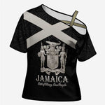 Personalized Jamaica Cross Shoulder Shirt Coat Of Arms With Rastafarian Lion Silver Color