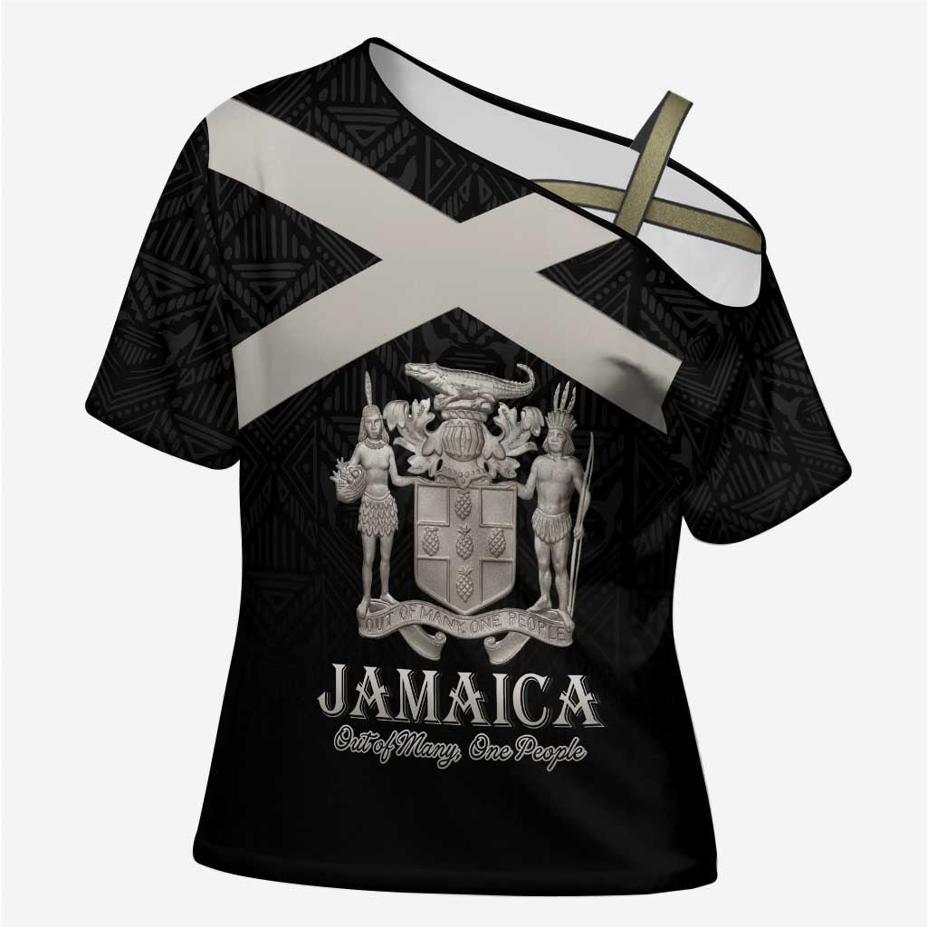 Personalized Jamaica Cross Shoulder Shirt Coat Of Arms With Rastafarian Lion Silver Color