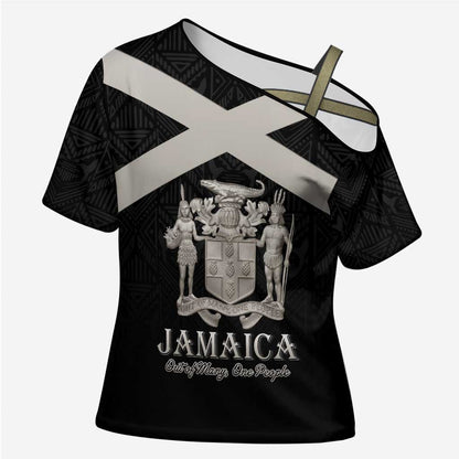 Personalized Jamaica Cross Shoulder Shirt Coat Of Arms With Rastafarian Lion Silver Color