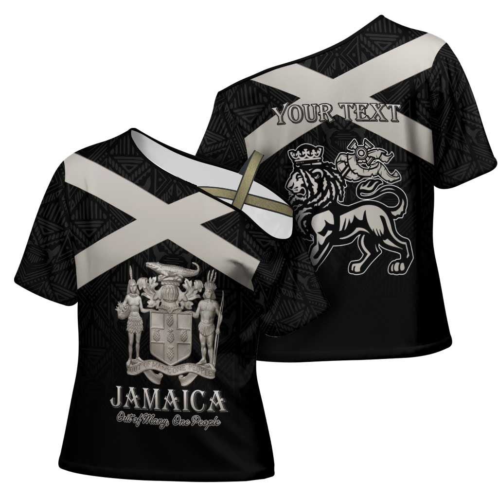 Personalized Jamaica Cross Shoulder Shirt Coat Of Arms With Rastafarian Lion Silver Color
