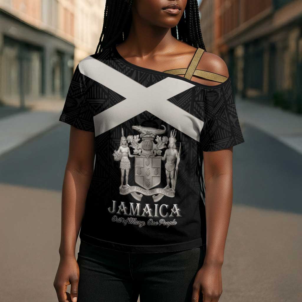 Personalized Jamaica Cross Shoulder Shirt Coat Of Arms With Rastafarian Lion Silver Color