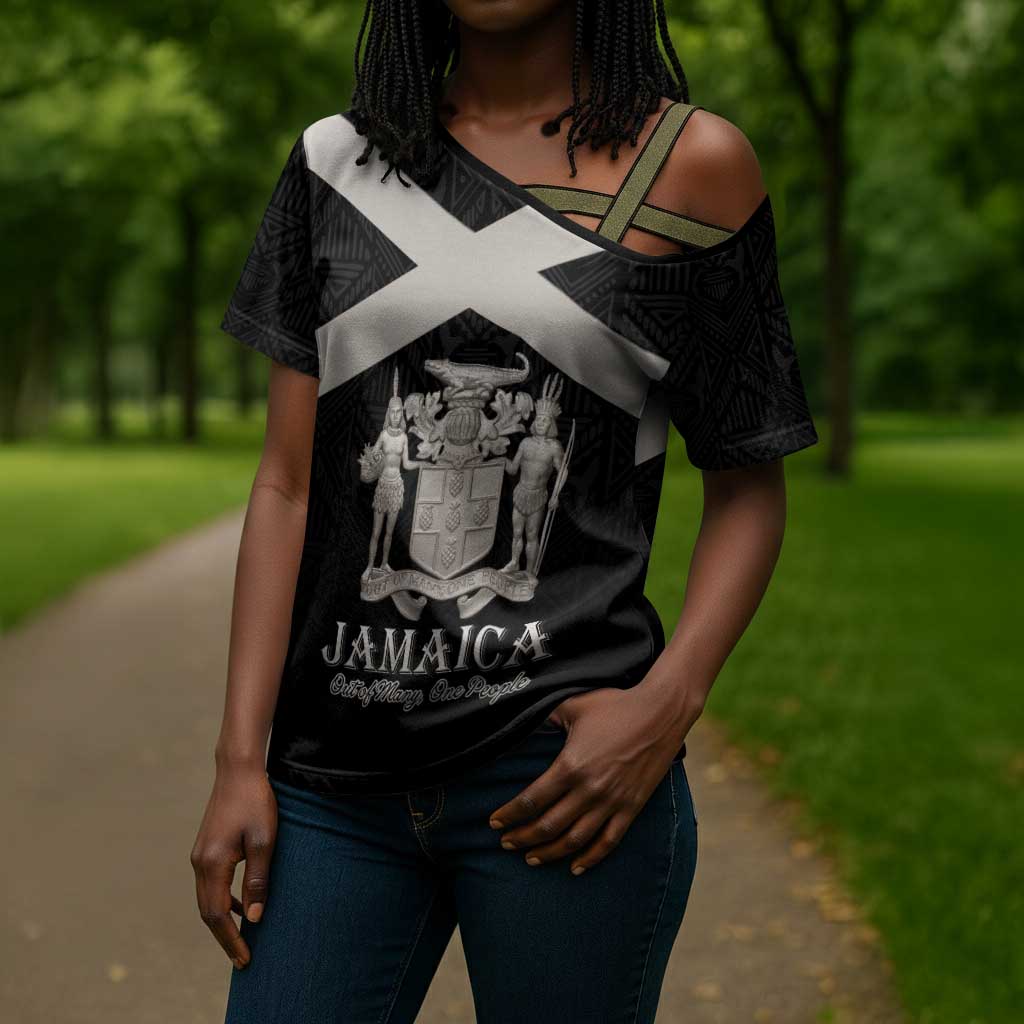 Personalized Jamaica Cross Shoulder Shirt Coat Of Arms With Rastafarian Lion Silver Color
