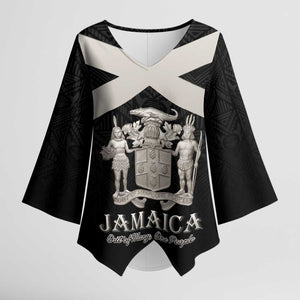 Personalized Jamaica Kimono Sleeve Blouse Coat Of Arms With Rastafarian Lion Silver Color