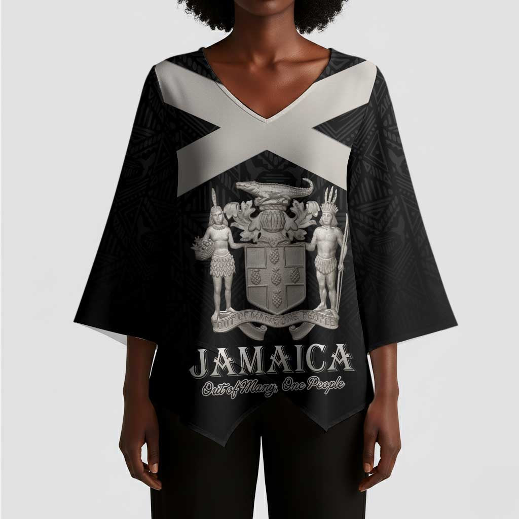 Personalized Jamaica Kimono Sleeve Blouse Coat Of Arms With Rastafarian Lion Silver Color
