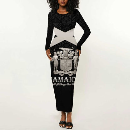 Personalized Jamaica Long Sleeve Bodycon Dress Out of Many One People Silver Color - African Pride