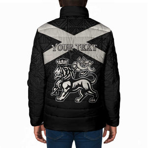 Personalized Jamaica Padded Jacket Coat Of Arms With Rastafarian Lion Silver Color