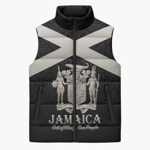Personalized Jamaica Sleeveless Puffer Jacket Coat Of Arms With Rastafarian Lion Silver Color