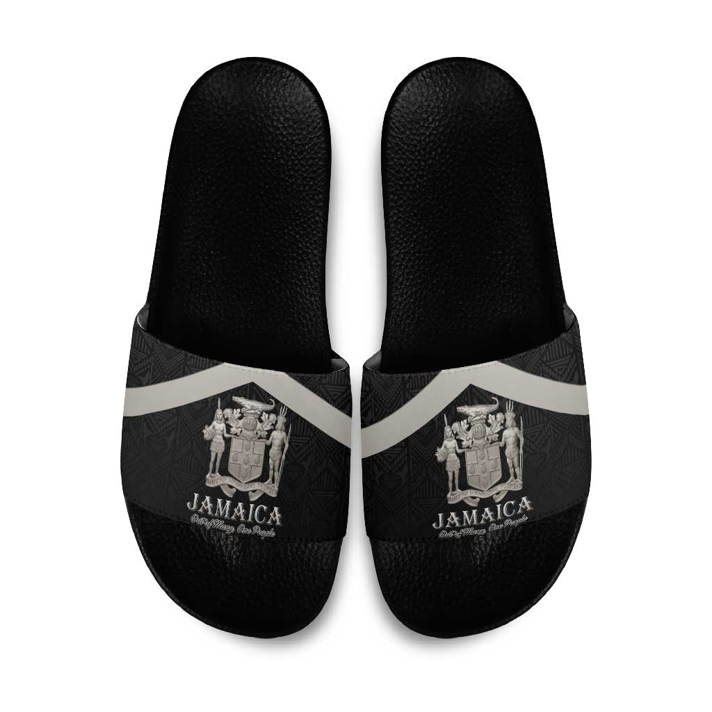 Jamaica Slide Sandals Coat Of Arms With Rastafarian Lion Silver Color