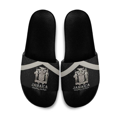 Jamaica Slide Sandals Coat Of Arms With Rastafarian Lion Silver Color