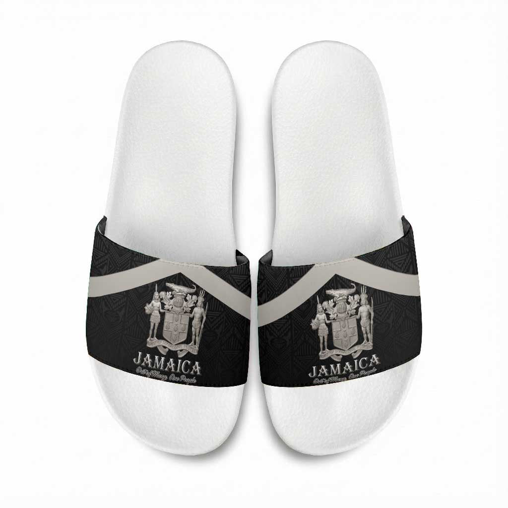 Jamaica Slide Sandals Coat Of Arms With Rastafarian Lion Silver Color