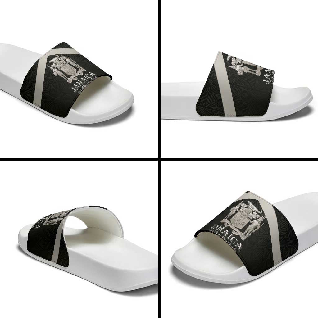 Jamaica Slide Sandals Coat Of Arms With Rastafarian Lion Silver Color