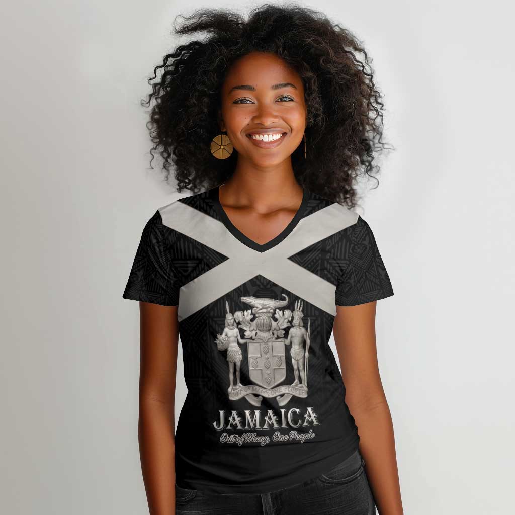 Personalized Jamaica Women V-Neck T-Shirt Out of Many One People Silver Color - African Pride