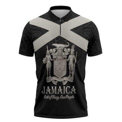 Personalized Jamaica Zipper Polo Shirt Coat Of Arms With Rastafarian Lion Silver Color