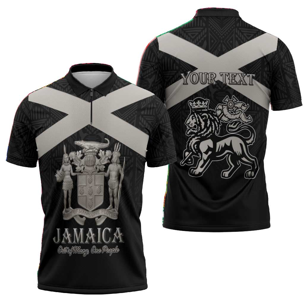 Personalized Jamaica Zipper Polo Shirt Coat Of Arms With Rastafarian Lion Silver Color