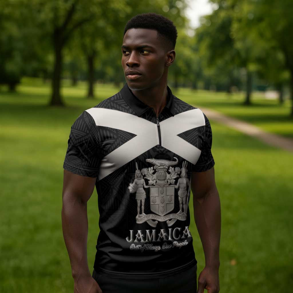 Personalized Jamaica Zipper Polo Shirt Coat Of Arms With Rastafarian Lion Silver Color
