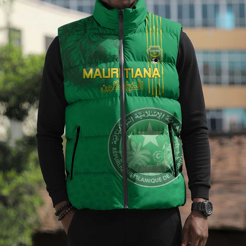 Custom Mauritania Football Sleeveless Puffer Jacket Coat Of Arms With Islamic Pattern