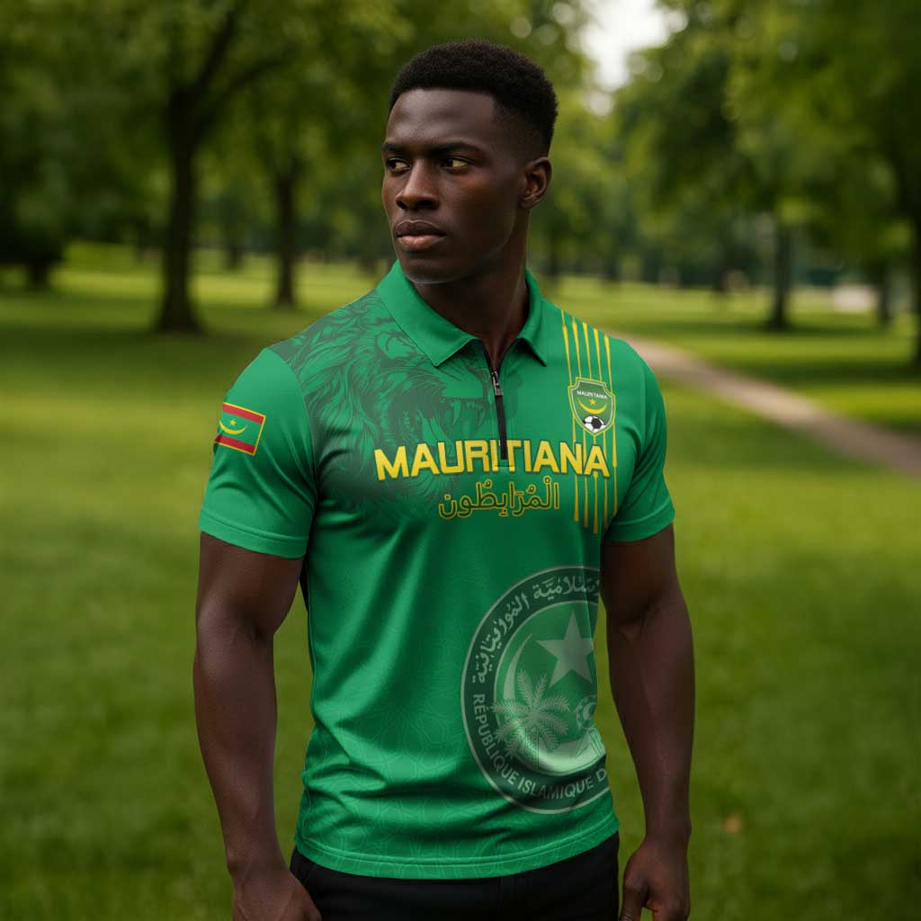 Custom Mauritania Football Zipper Polo Shirt Coat Of Arms With Islamic Pattern