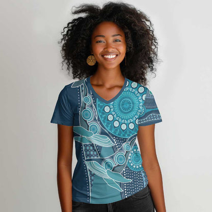 South Africa Whale Festival Personalized Women V-Neck T-Shirt African Shwe Shwe Pattern - African Pride