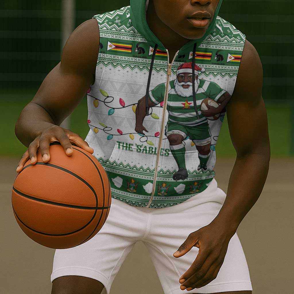 Afro Christmas Rugby Zimbabwe Sleeveless Zip Hoodie The Sables Krismes Yakanaka - African Pride