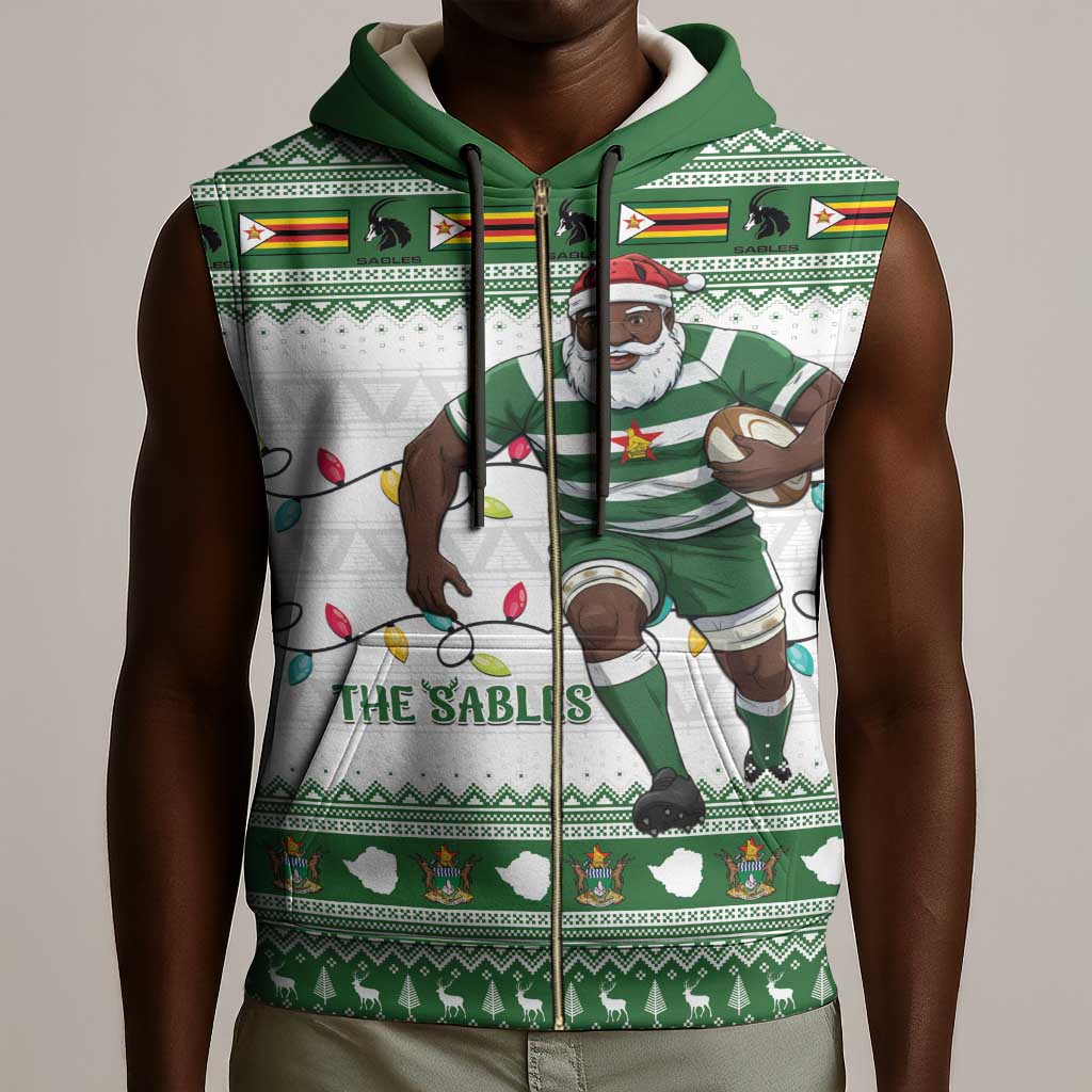 Afro Christmas Rugby Zimbabwe Sleeveless Zip Hoodie The Sables Krismes Yakanaka - African Pride