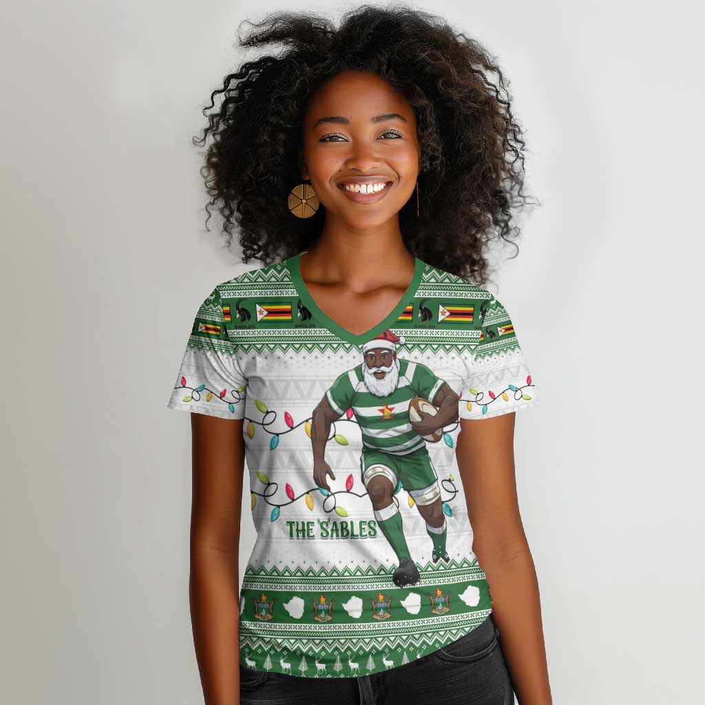 Afro Christmas Rugby Zimbabwe Women V-Neck T-Shirt The Sables Krismes Yakanaka - African Pride