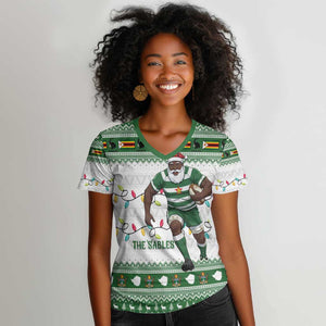 Afro Christmas Rugby Zimbabwe Women V-Neck T-Shirt The Sables Krismes Yakanaka - African Pride