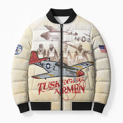 Tuskegee Red Tails Airmen Bomber Puffer Jacket History Aviator Heroes Retro Style