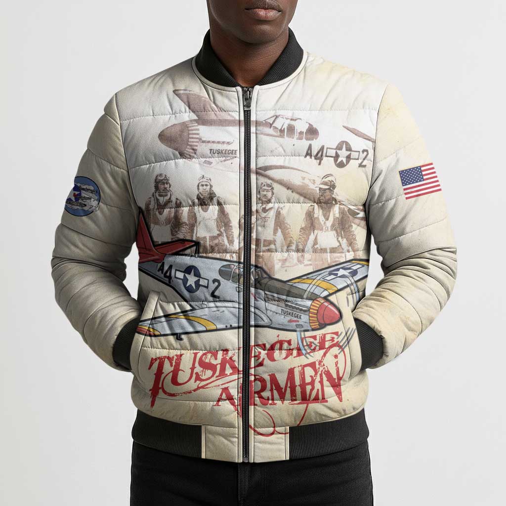 Tuskegee Red Tails Airmen Bomber Puffer Jacket History Aviator Heroes Retro Style