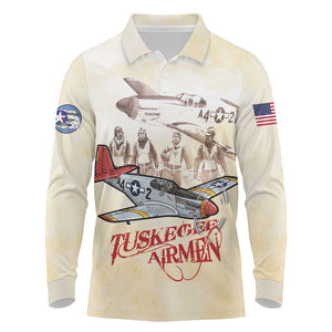 Tuskegee Airmen Long Sleeve Polo Shirt Red Tails Legacy Retro Style - African Pride