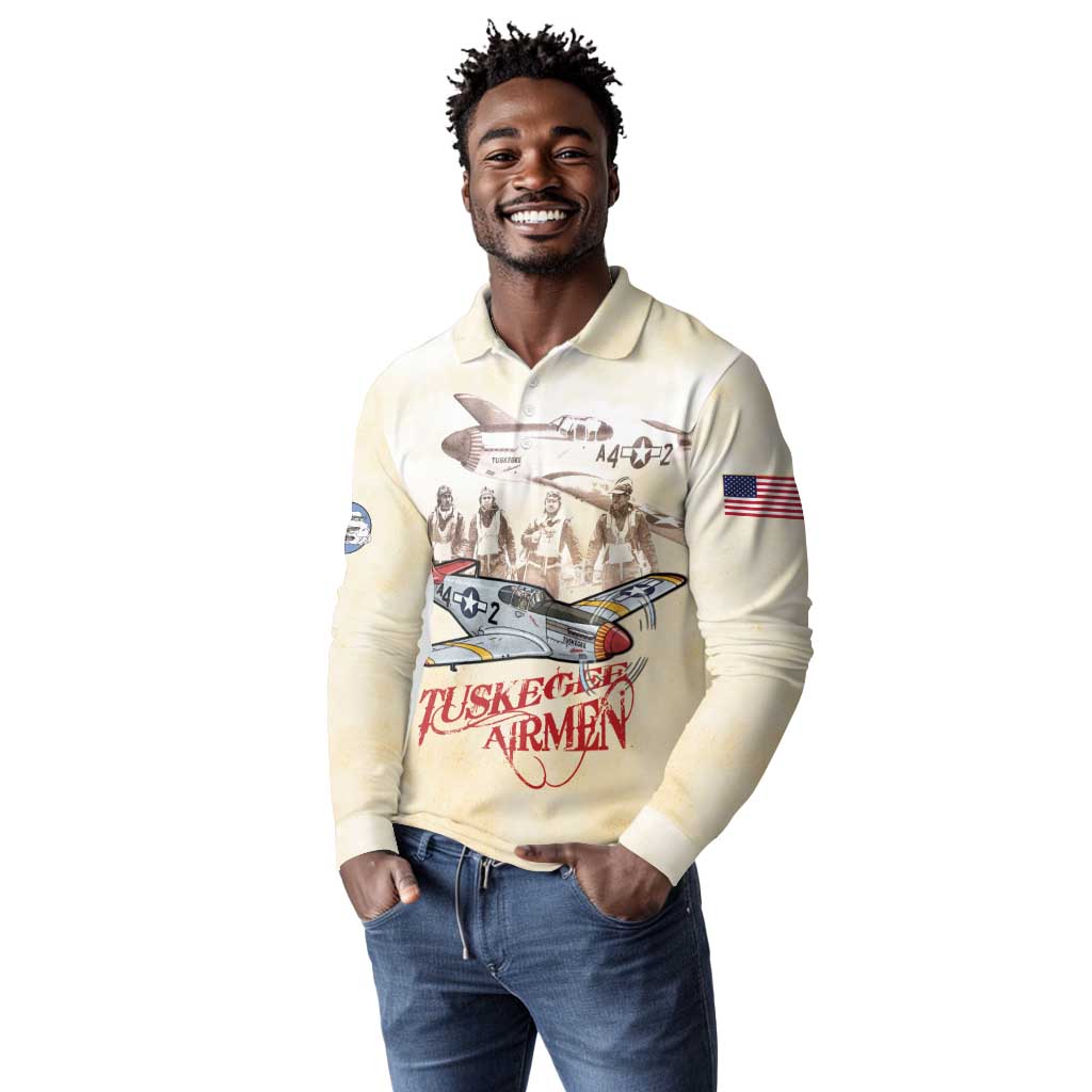 Tuskegee Airmen Long Sleeve Polo Shirt Red Tails Legacy Retro Style - African Pride