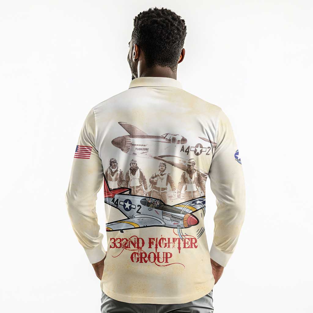 Tuskegee Airmen Long Sleeve Polo Shirt Red Tails Legacy Retro Style - African Pride