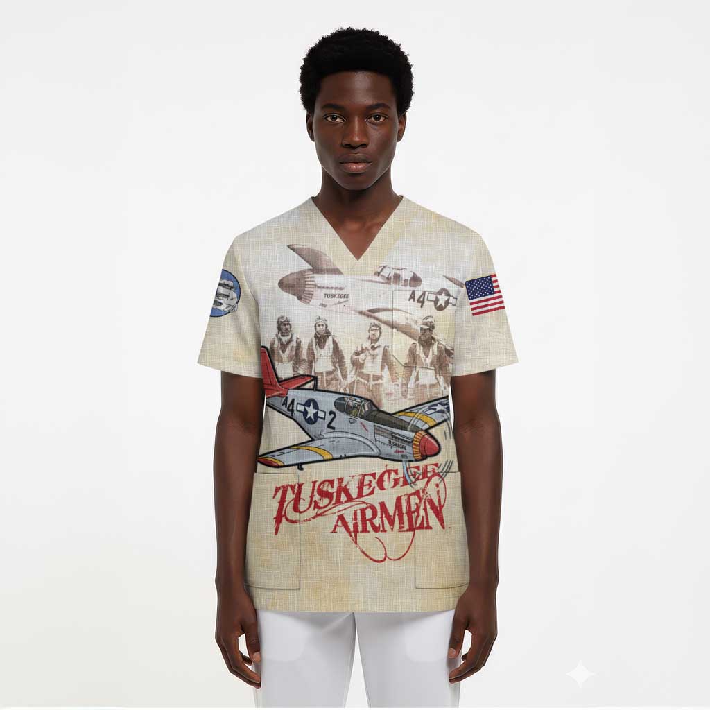 Tuskegee Airmen Scrub Top Red Tails Legacy Retro Style - African Pride